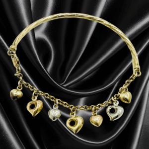 18k Yellow And White Gold Heart Charm Bangle/Chain Bracelet
