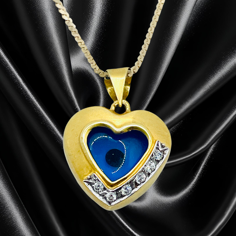 14Kt Yellow Gold "Evil Eye" Puff Heart Cubic Zirconia Pendant with 10Kt Yellow Gold Chain