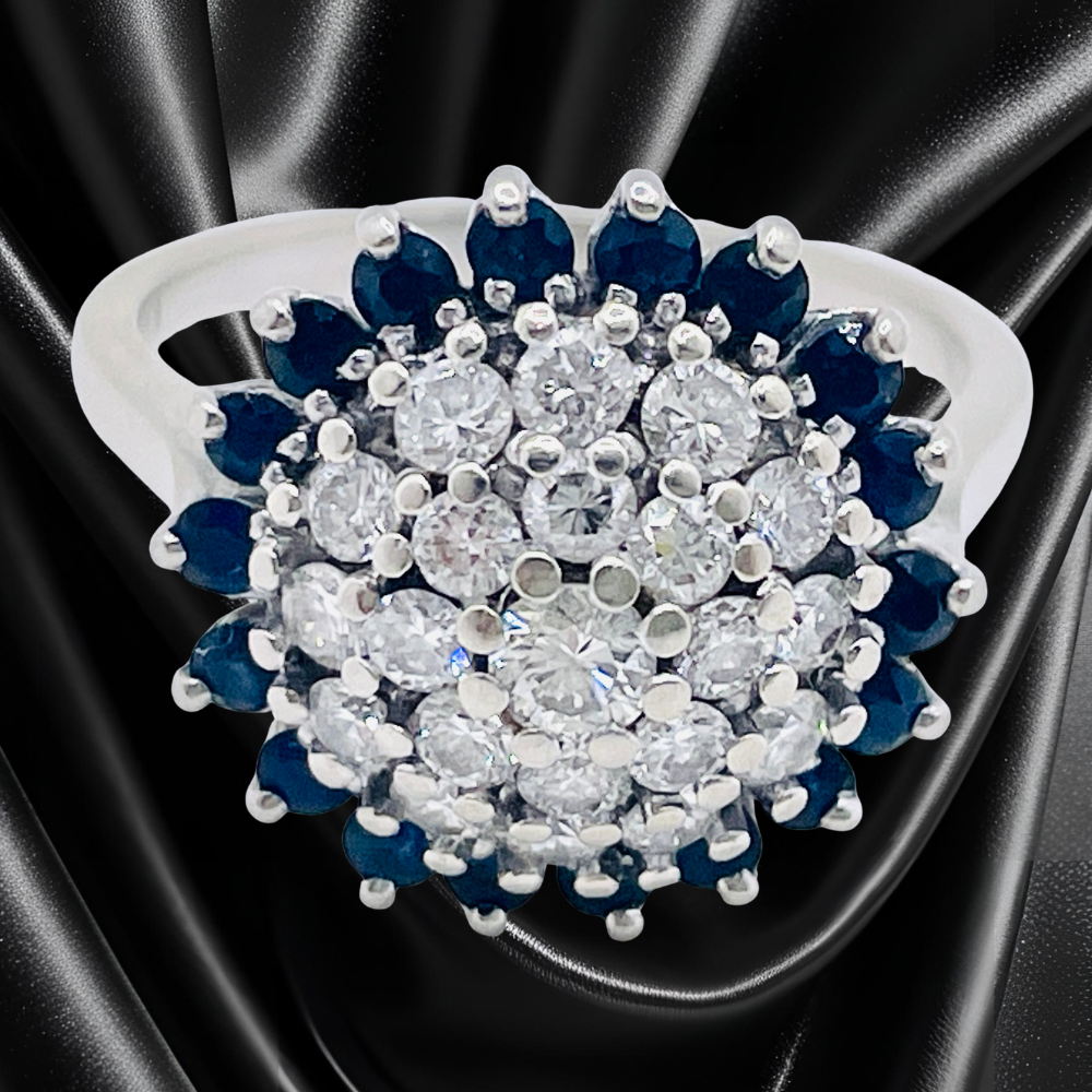 14Kt White Gold Diamond and Sapphire Engagement Ring and Matching Wedding Bands Set - Image 4