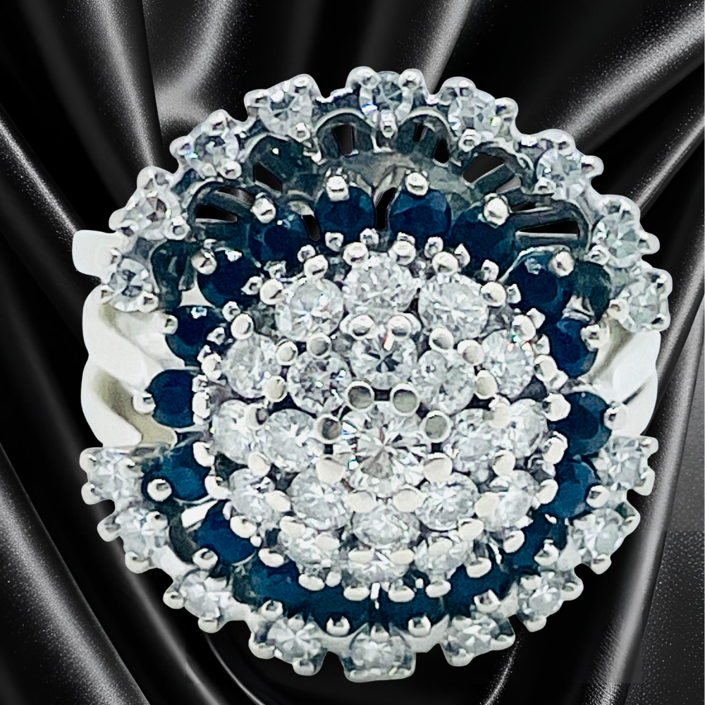 14Kt White Gold Diamond and Sapphire Engagement Ring and Matching Wedding Bands Set - Image 5