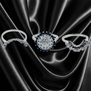 14Kt White Gold Diamond and Sapphire Engagement Ring and Matching Wedding Bands Set