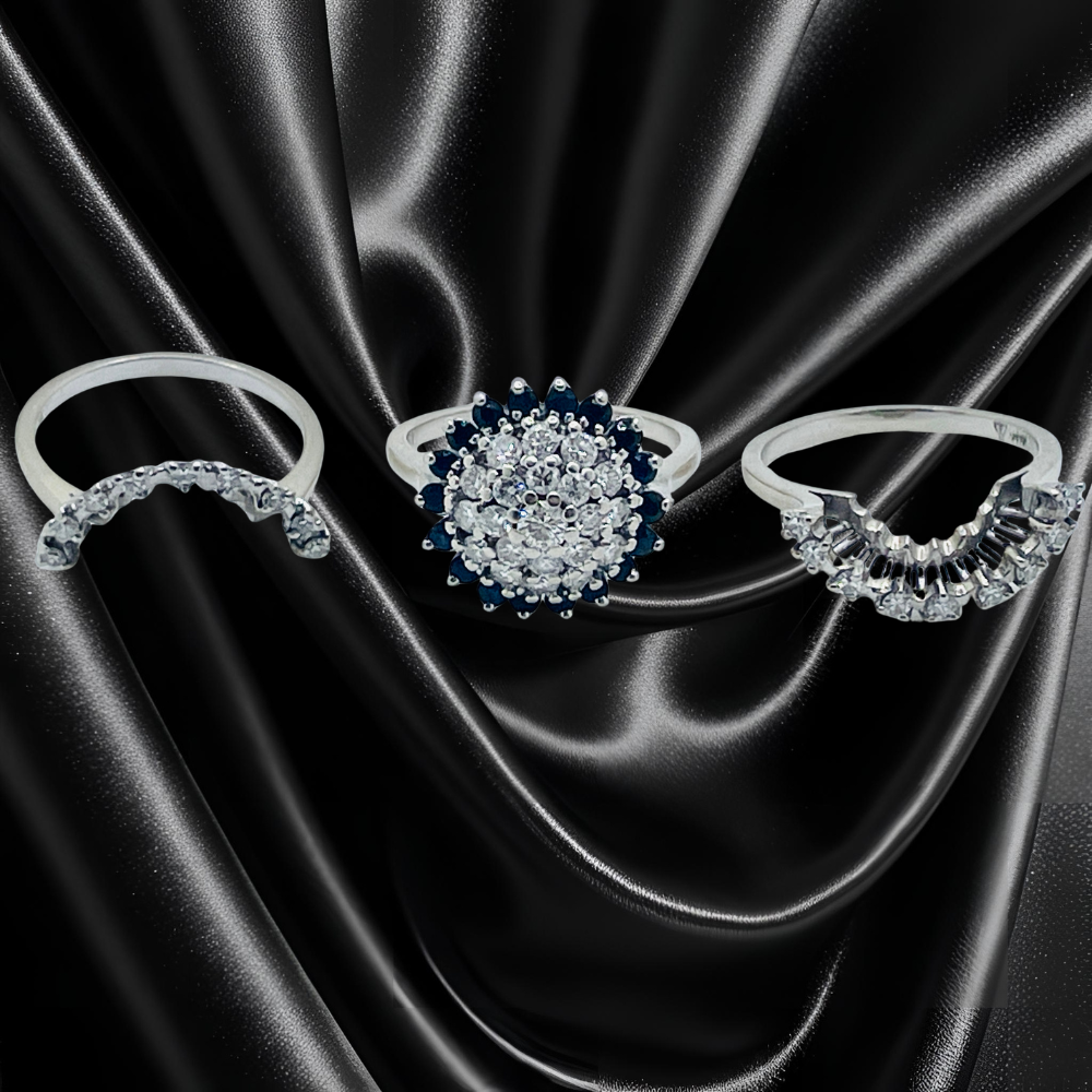 14Kt White Gold Diamond and Sapphire Engagement Ring and Matching Wedding Bands Set